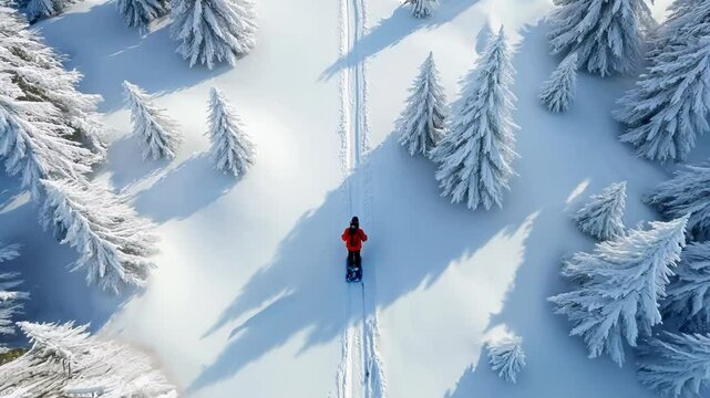Tiny figure traverses vast snowy landscape. Aerial view captures lone snowshoer amid pristine white expanse dotted with snow-covered trees. Serene winter wilderness adventure.	