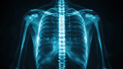 Detailed x-ray image showing human rib cage and spine structure, ideal for medical and educational purposes.