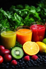 Fototapeta premium Vibrant assortment of fresh fruit juices with colorful fruits and greens, reflecting health and vitality.