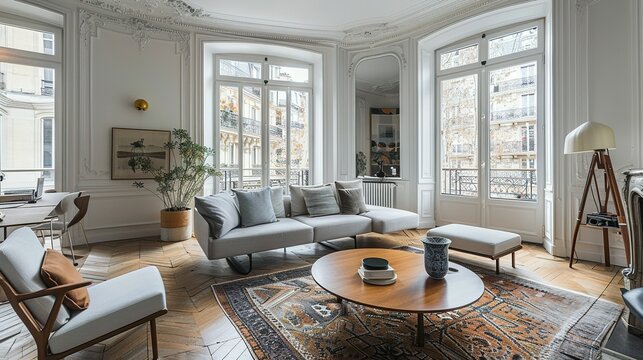 Modern Living Room with Scandinavian Interior Design: Parisian Apartment Home Decor