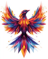 A vibrant digital illustration of a phoenix with colorful geometric shapes.