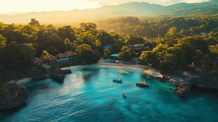 Landscape of tropical resort in Bahamas, Jamaica. Palm trees, turquoise ocean, white resort, luxury vacation.