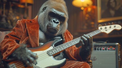 Groovy Gorilla: A Brown Primate Playing the Bass Guitar with Realistic Fur, Hair, and Green Screen K Animation