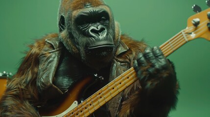Groovy Gorilla: A Brown Primate Playing the Bass Guitar with Realistic Fur, Hair, and Green Screen K Animation