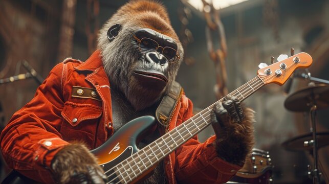 Groovy Gorilla: A Brown Primate Playing the Bass Guitar with Realistic Fur, Hair, and Green Screen K Animation - Powered by Adobe
