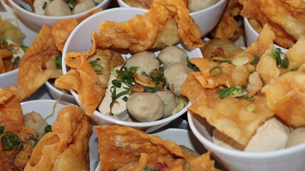 Bakso Malang, meatball soup from Malang, East Java served with noodles, tofu, and fried pangsit or dumplings