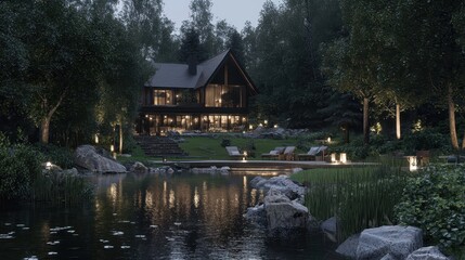 Obraz premium Modern Cabin with Pond and Forest at Dusk
