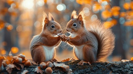 Autumn's Delight: Red-Haired Squirrel Gnawing Nut on Tree Branch in Forest