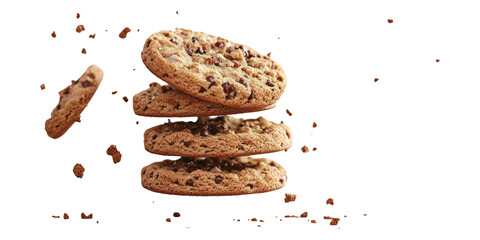 Stacked Chocolate Chip Cookies with Crumbs Against White Background