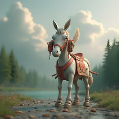 3D fantasy animal with white nose and feathers, with red and white helmet with Swift Out sign, against gray clouds, river and green forest 