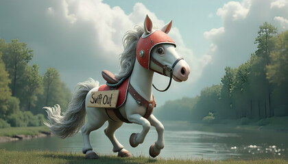 3D fantasy animal with white nose and feathers, with red and white helmet with Swift Out sign, against gray clouds, river and green forest 