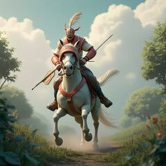 3D fantasy animal with white nose and feathers, with red and white helmet with Swift Out sign, against gray clouds, river and green forest 