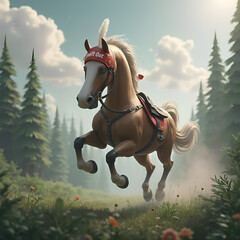 3D fantasy animal with white nose and feathers, with red and white helmet with Swift Out sign, against gray clouds, river and green forest 