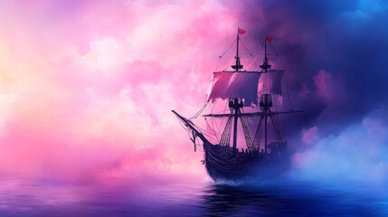 Fototapeta premium A spectral pirate ship emerges from fog on cursed sea, creating mysterious and enchanting atmosphere.