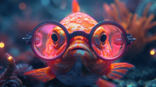Neon Smartass Fish: Amusing Anthropomorphic Nerd with Unhappy Funny Face and Glasses in Underwater Humorous Concept