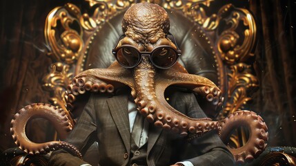 Fototapeta premium An octopus in a suit sits on a throne with gold accents, his tentacles wrapped around him and his expression thoughtful.