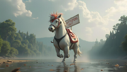 3D fantasy animal with white nose and feathers, with red and white helmet with Swift Out sign, against gray clouds, river and green forest 