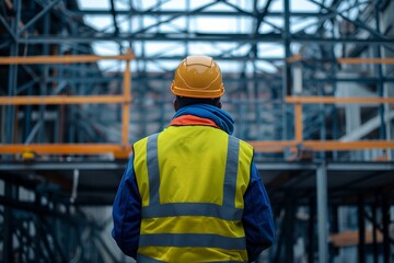 A construction worker wearing an orange helmet and yellow safety vest 