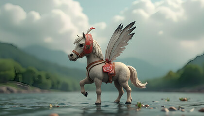 3D fantasy animal with white nose and feathers, with red and white helmet with Swift Out sign, against gray clouds, river and green forest 