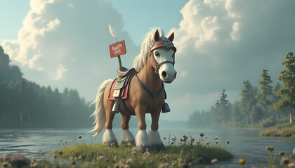 3D fantasy animal with white nose and feathers, with red and white helmet with Swift Out sign, against gray clouds, river and green forest 