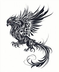 Obraz premium A stylized black and white illustration of a phoenix with intricate patterns and feathers.