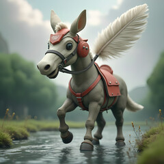 3D fantasy animal with white nose and feathers, with red and white helmet with Swift Out sign, against gray clouds, river and green forest 