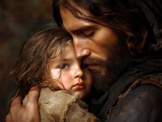 Compassionate embrace: Jesus Christ tenderly holding a child in His arms, symbolizing divine love and protection, highlighting the nurturing and caring aspect of His role as a shepherd and savior.