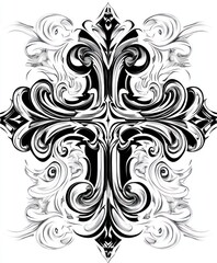 Ornate black and white cross design with swirling patterns.
