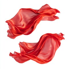 Two flying red silk fabrics isolated on a white background