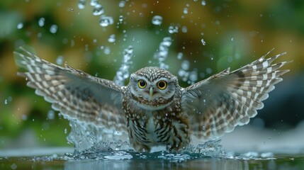 Wild Little Owl Landing on Old Water Tap During Landing Approach
