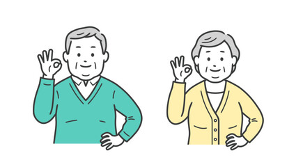 OKポーズをして腰に手を当てる小太り高齢者男女の上半身イラスト
