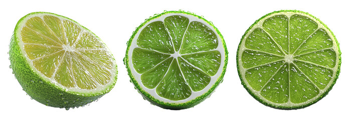 Lime slices in various angles showcasing juicy texture isolated on transparent background