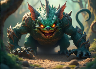 Fototapeta premium Lifelike 3D fantasy animal with a stylized smile, twisted armor and fiery emerald eyes in a fantasy world of mystical creatures (38)
