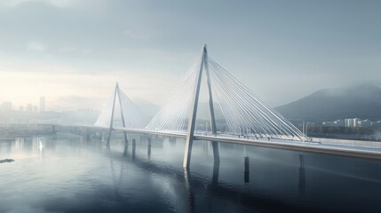Fototapeta premium Modern Cable Stayed Bridge Over River In Foggy Cityscape