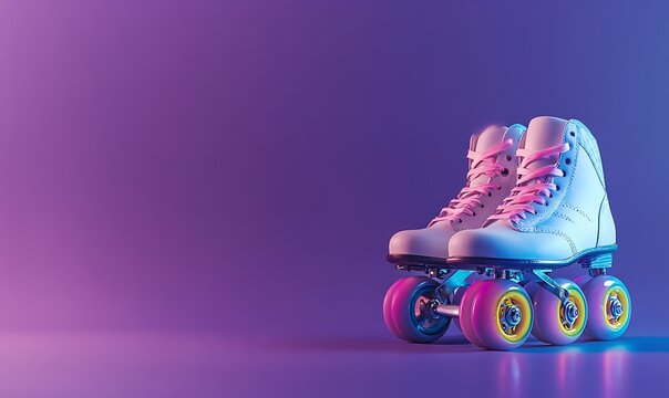 Roller Skates with Colorful Wheels on Purple Background