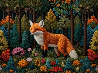 A Sculpted needlework Fox in a Woodland Setting