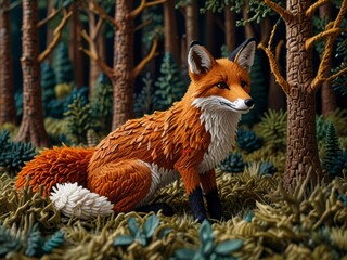 Fototapeta premium A Sculpted needlework Fox in a Woodland Setting