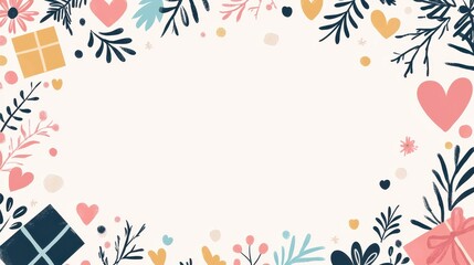 Fototapeta premium Colorful Floral Frame with Hearts and Gift Boxes for Valentine s Day