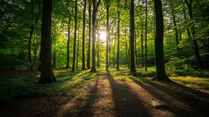 Fototapeta premium forest, nature, tree, sun, light, landscape, trees, sunlight, green, woods, morning, autumn, fog, path, wood, mist, ray, road, sunbeam, park, misty, leaf, sunrise, rays, sunshine