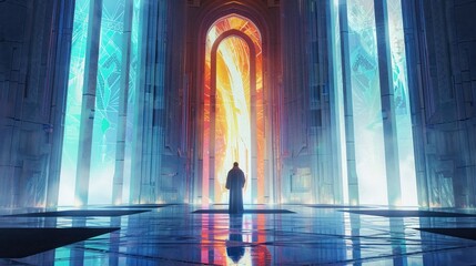 Obraz premium Jesus in the temple with holographic elements futuristic setting