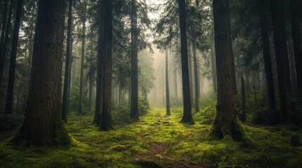 Naklejka premium forest, nature, tree, sun, light, landscape, trees, sunlight, green, woods, morning, autumn, fog, path, wood, mist, ray, road, sunbeam, park, misty, leaf, sunrise, rays, sunshine