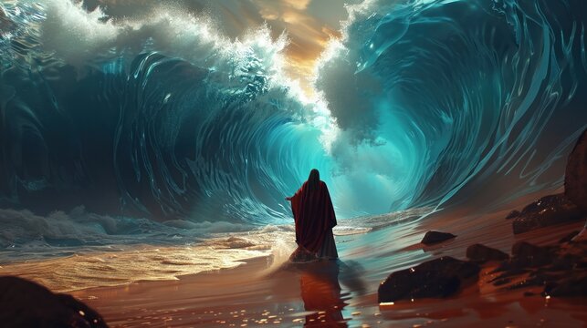 Moses parting the Red Sea with digital waves futuristic elements