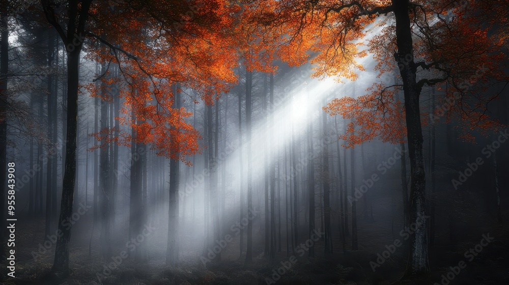 Poster sunbeams through misty autumn forest