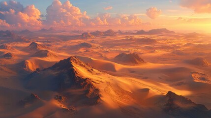 A stunning sunset illuminates the vast desert landscape, highlighting sand dunes and rugged mountain formations under vibrant clouds