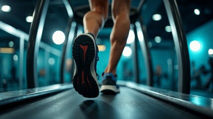 A woman running on a treadmill with her legs spread apart