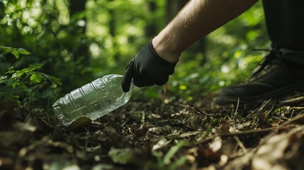 Plastic reduction action, in the forest, pick up garbage, green forest, a plastic bottle, environmental protection, environmental protection, clean, earth protection