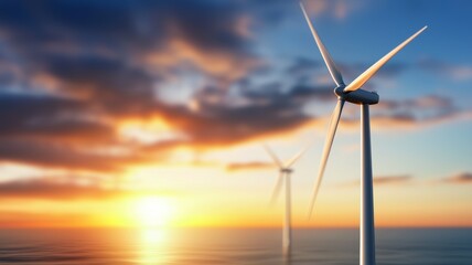 A wind turbine is standing in front of a beautiful sunset