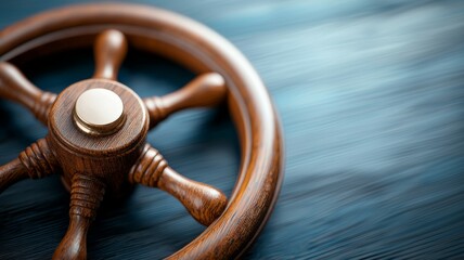 A wooden steering wheel sits on a blue background