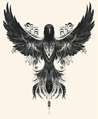 Fototapeta premium A stylized black and white illustration of a bird with intricate patterns and designs.