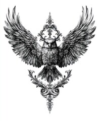 Obraz premium An ornate illustration of an owl with spread wings, featuring intricate decorative elements.
